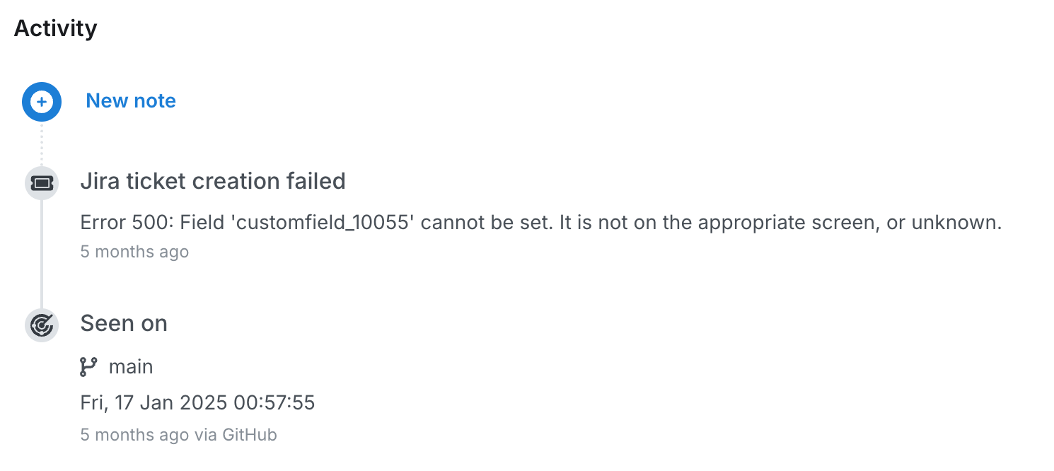 Finding details' Activity section showing that a Jira ticket wasn't successfully created and the accompanying error message.