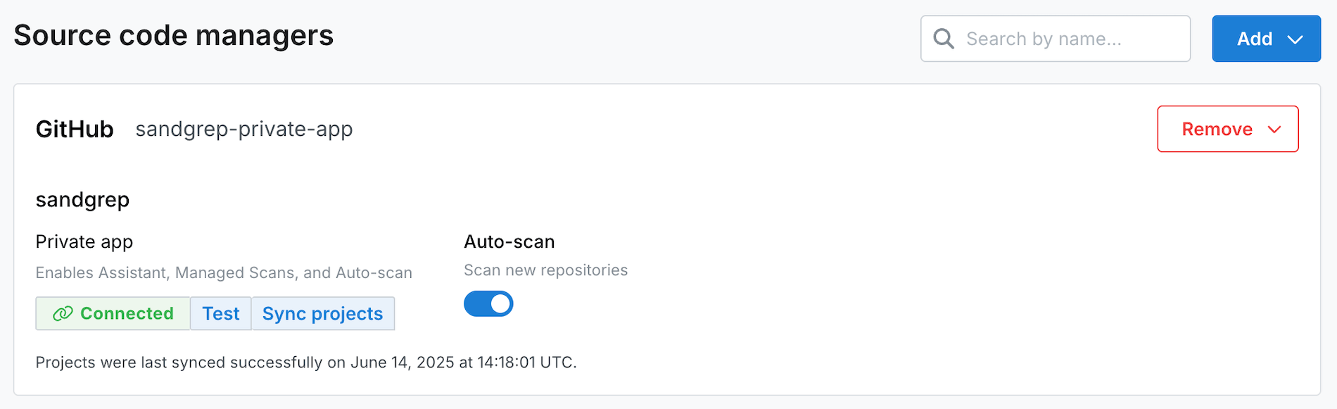 GitHub entry with public and private GitHub app connection